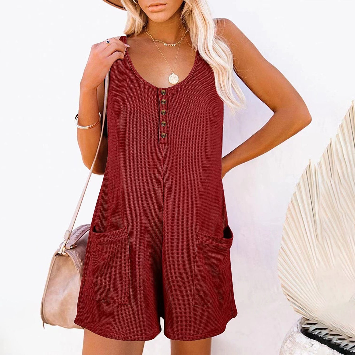 European American Summer New Women's Loose Casual Button Pocket Vest Jumpsuit
