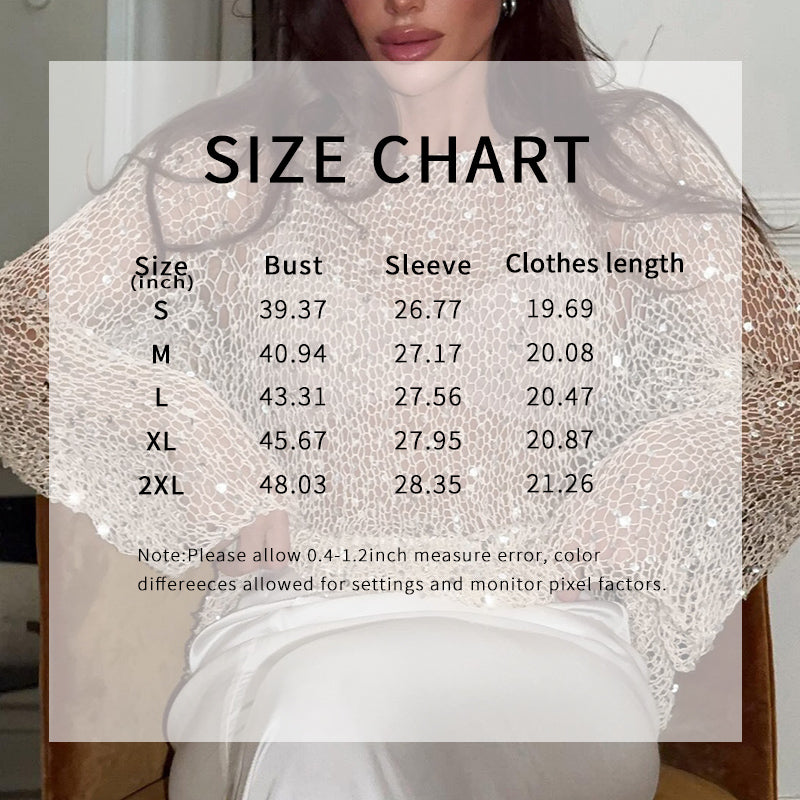 Women's Sequin Mesh Top - Long Sleeve Sheer See Through Sexy Blouse