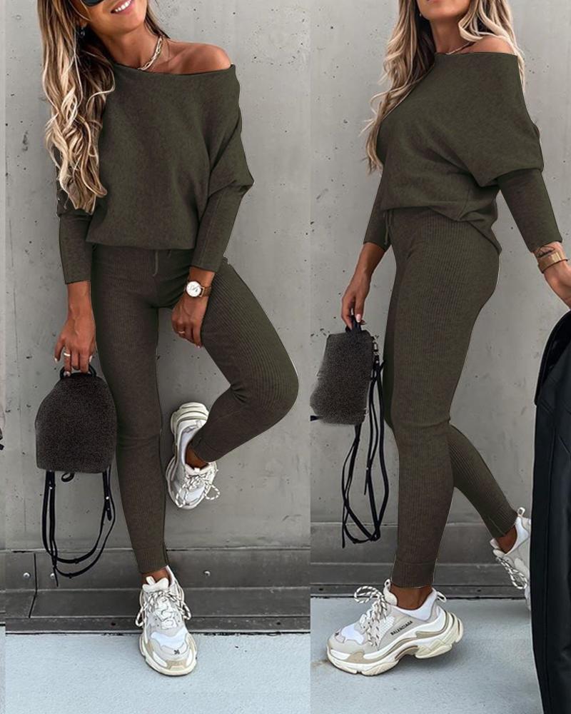 Solid Casual Lace Up Slant Shoulder Sports Pants Long Suit