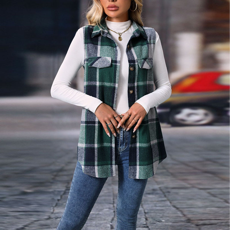 Women's Plaid Print Vest With Lapel Collar Long Sleeveless Button Front Mid-Length Jacket For Spring And Fall Layering
