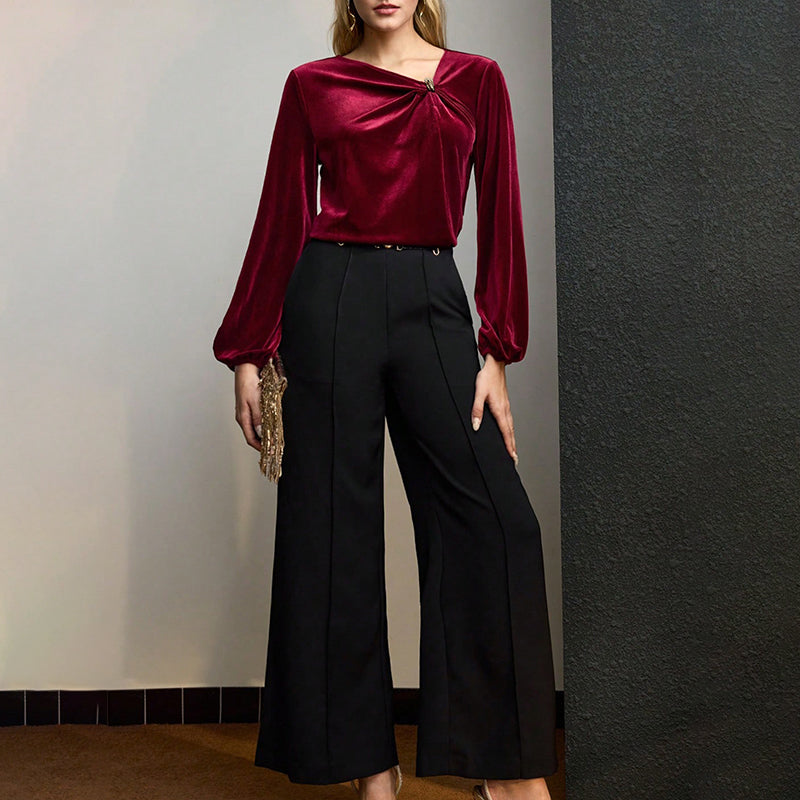 Women's Velvet Twist Knot Blouse, Asymmetric V-Neck Trendy Top