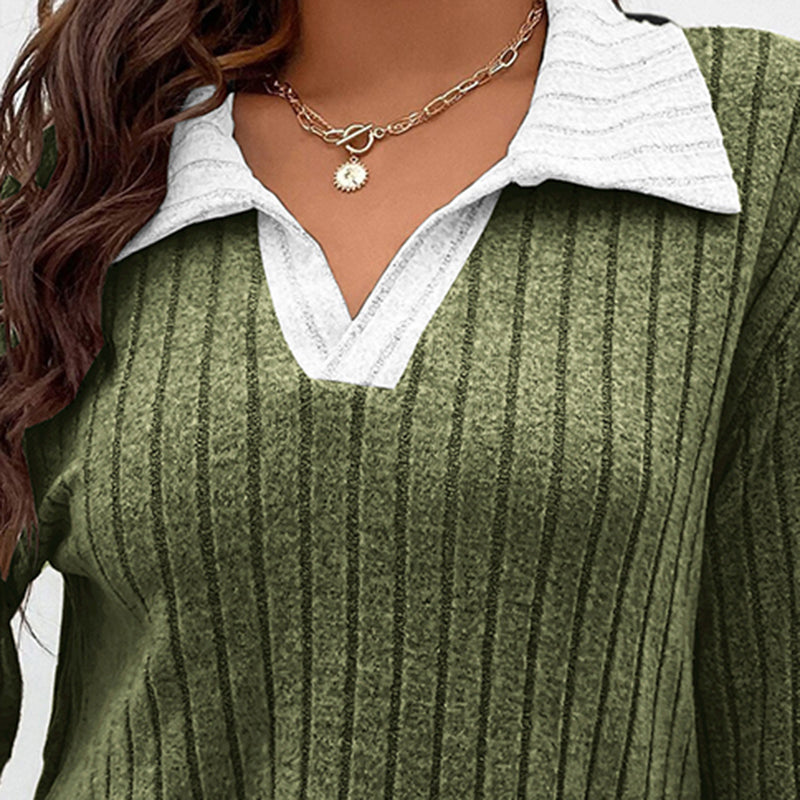 Plus Size Lapel V-Neck Top, Lightweight Long Sleeve Casual Going Out Blouse