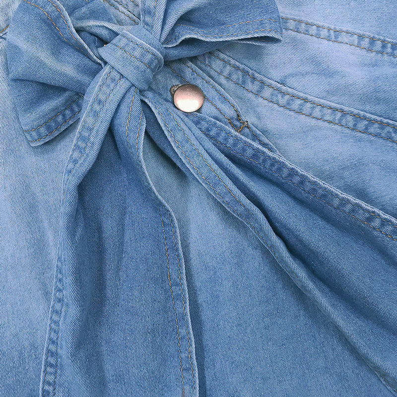 Women's Denim Puff Sleeve Top Solid Color Stand Collar Blouse With Bow Detail For Spring And Fall