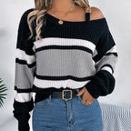 Women's Cold Shoulder Sweater - Fall Color Block Long Sleeve Pullover