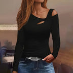 Women's Cut Out Off Shoulder Top - Long Sleeve Plain Tee For Holiday, Spring & Autumn