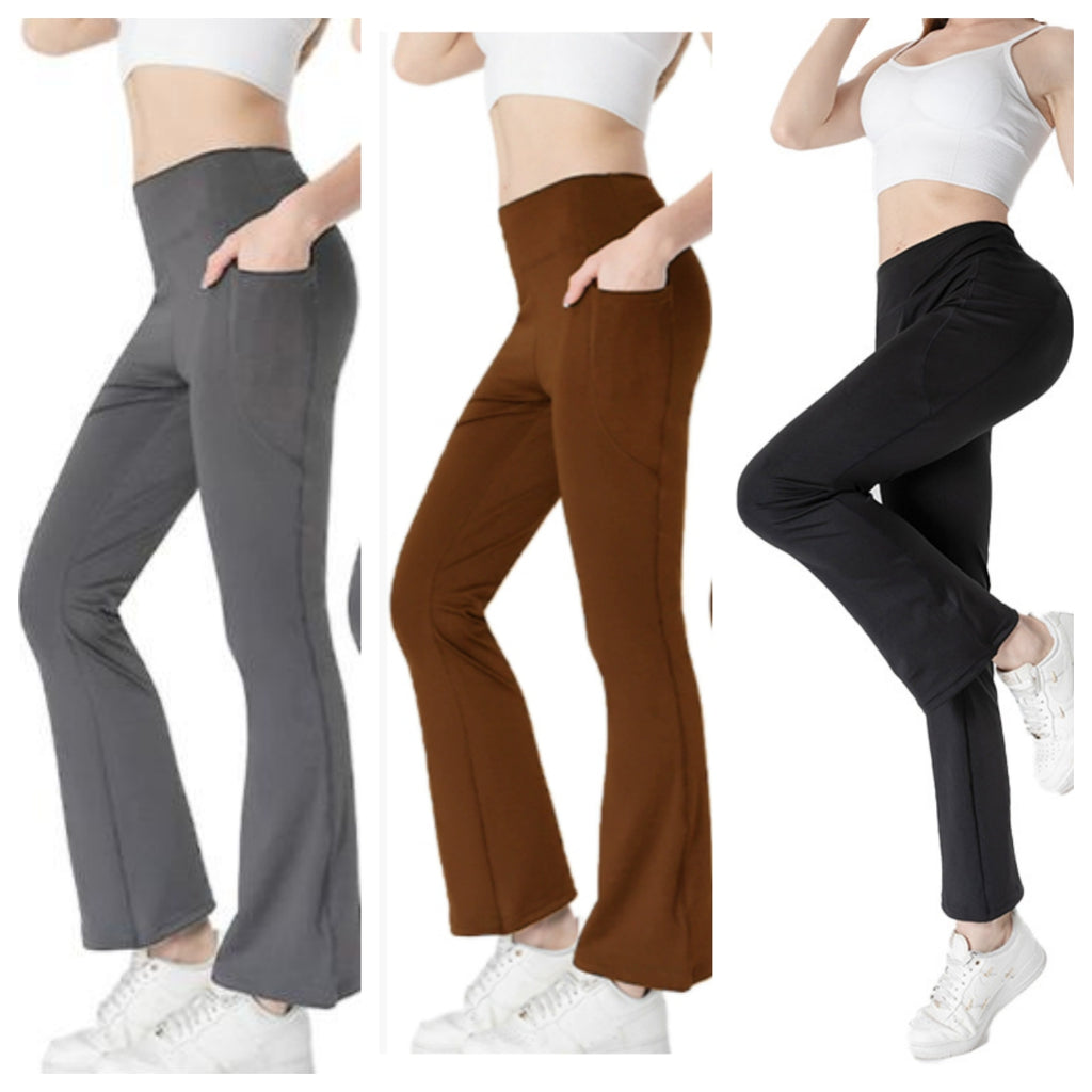 Ladies Mid Waist Abdominal-shaping Slimming Cropped Pants Casual Pocket Bootcut Trousers