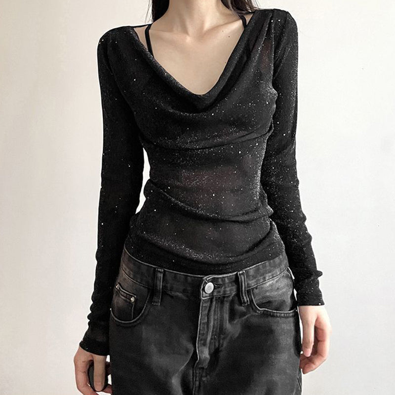 Women's Sparkly Mesh Top - Long Sleeve See Through Sexy Blouse For Party & Club