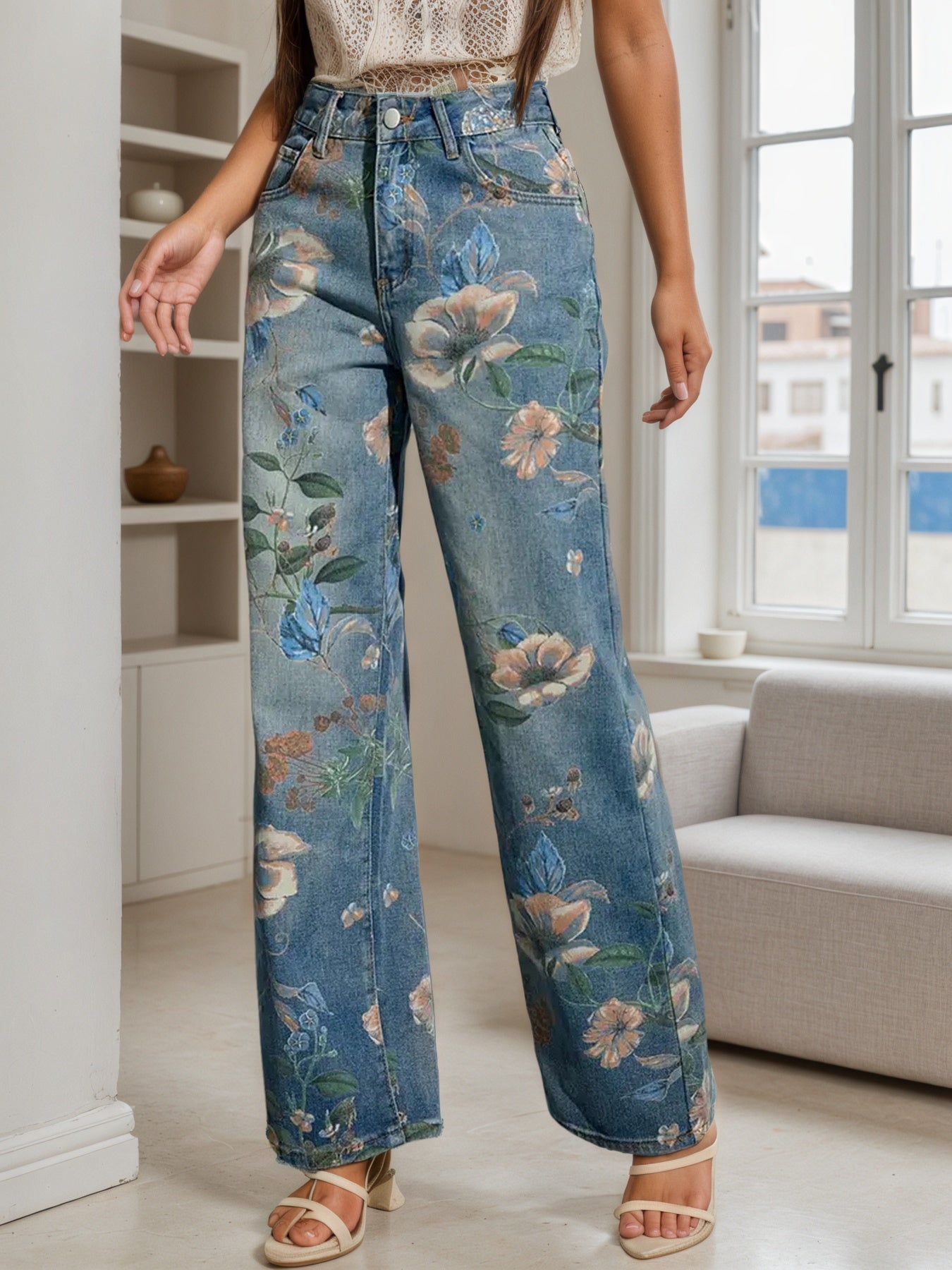 2025 New Women's Fashion Printed Jeans, Straight Leg Loose Wide Leg Pants, Suitable For A Variety Of Wear, Spring Summer Autumn Clothing, Women's Wear