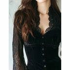Women's Gothic Velvet Top, V Neck Lace Patchwork Long Sleeve Shirt