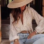 Boho Chic Women's Blouse, Floral Print V Neck Lantern Sleeve Sheer Top For Elegant Casual Wear