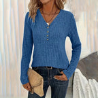 Womens Long Sleeves Ribbed Knit Tunic Shirts V Neck Button Down Tops Casual Tee Shirt Blouses