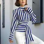 Elegant Women's Striped Tie-Waist Blouse, High Neck Long Sleeve Shirt With Cut-Out Detail