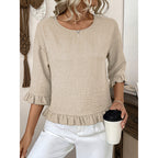 Womens 3 4 Length Sleeve Tops Loose Fit Casual Crew Neck Shirts Ruffle Tunic Blouses