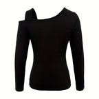 Women's Cut Out Off Shoulder Top - Long Sleeve Plain Tee For Holiday, Spring & Autumn
