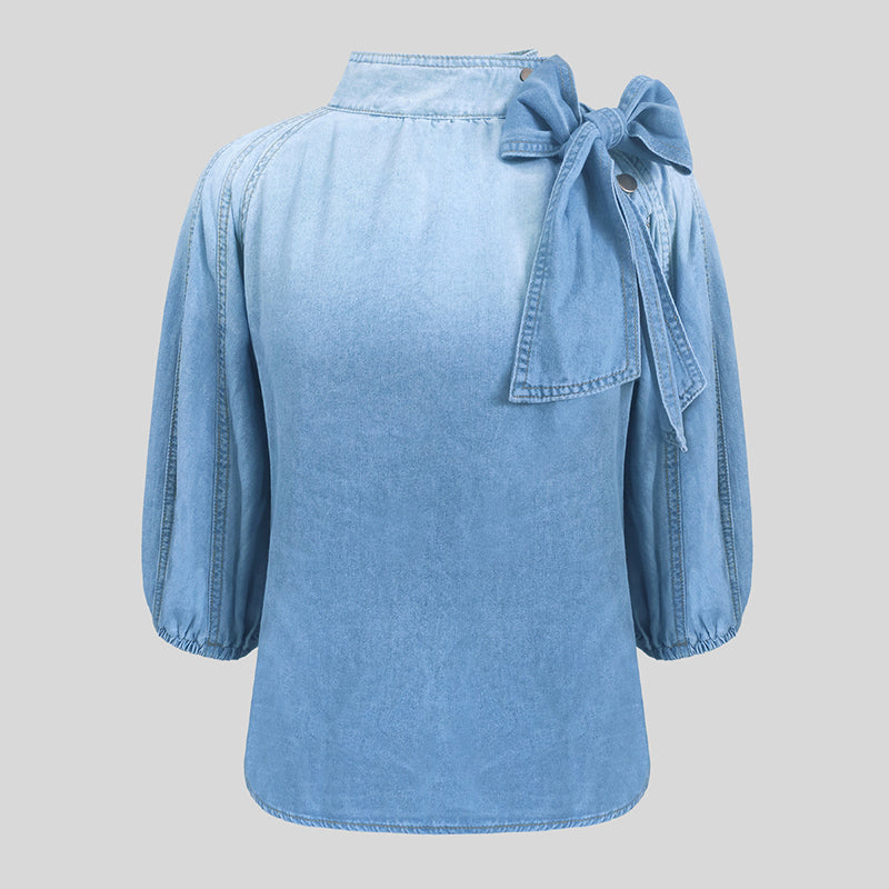 Women's Denim Puff Sleeve Top Solid Color Stand Collar Blouse With Bow Detail For Spring And Fall
