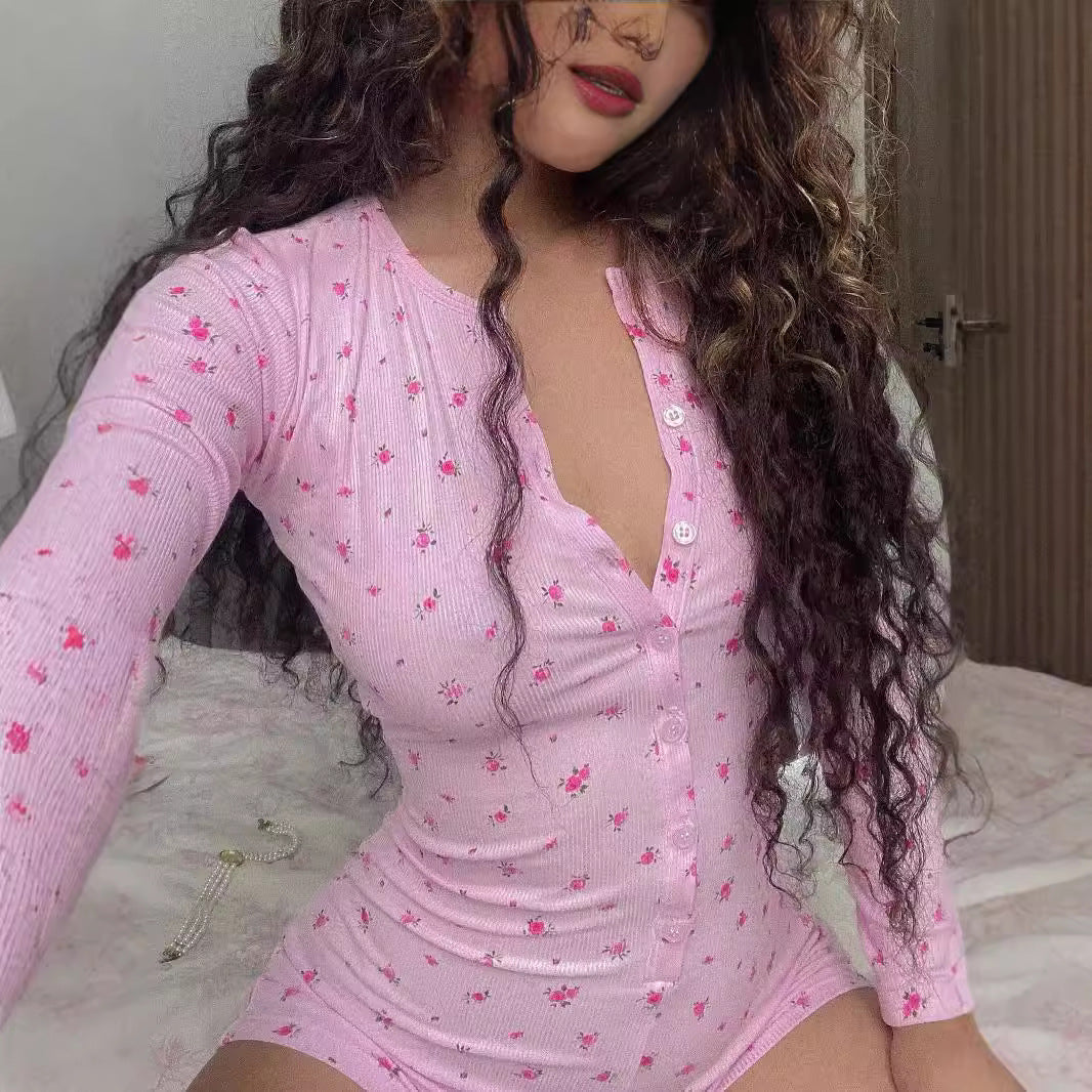 Floral V-neck Double-breasted Long Sleeve One-piece Shorts