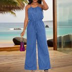 Women's Elegant Sleeveless Solid Color Jumpsuit - Wide Leg With Drawstring Waist, Shoulder-Baring Style For Spring&Summer