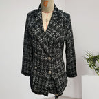 Elegant Women's Plaid Double-Breasted Blazer, Notch Lapel Long Sleeve Tweed Jacket For Office And Casual Wear
