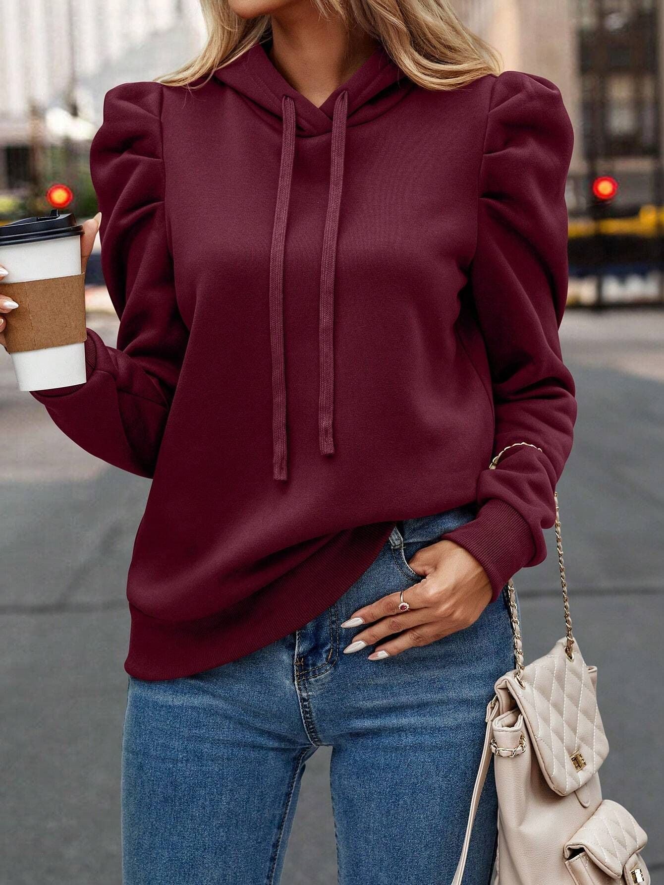 Autumn New Arrival Casual Minimalist Puff Sleeve Drawstring Hoodie Slim Fit Commuter Basic Long Sleeve Sweatshirt