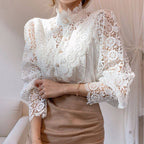 Elegant Women's Vintage Pearl Button Lace Blouse - Puff Sleeve Semi-Sheer Ruffled Stand Collar Shirt Spring&Summer Office & Vacation Top
