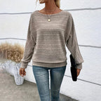 Women's Textured Round Neck Long Sleeve Top - Casual Solid Pullover For Spring & Fall