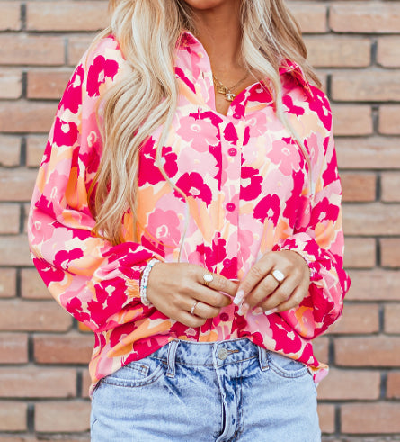 Blooming Floral Print Puff Sleeve Buttoned Shirt