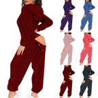 Women's Solid Color Plush Hooded Tracksuit Set Zip-Up Long Sleeve Top And Pants For Winter Loungewear
