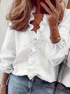 Pure Color Ruffle Hemline Shirt, Casual V-neck Long Sleeve Shirt.