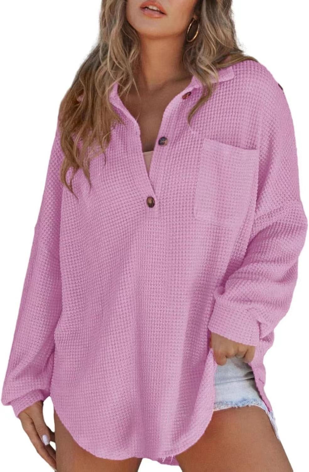 Women's Waffle Knit Loose Long Sleeve Top