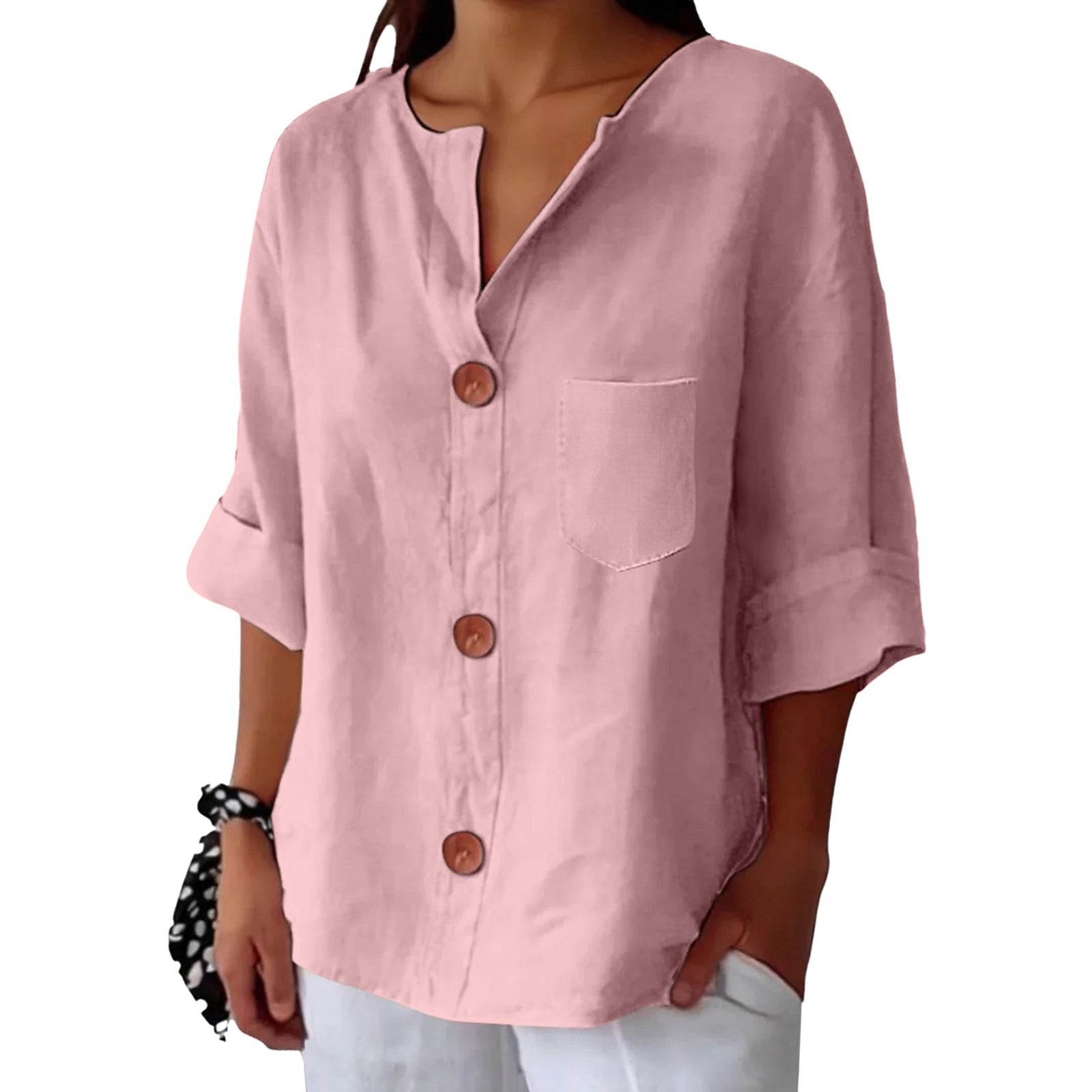 New Style Loose T-shirt For Women With V-neck, Made Of Cotton And Linen, Buttoned Top.