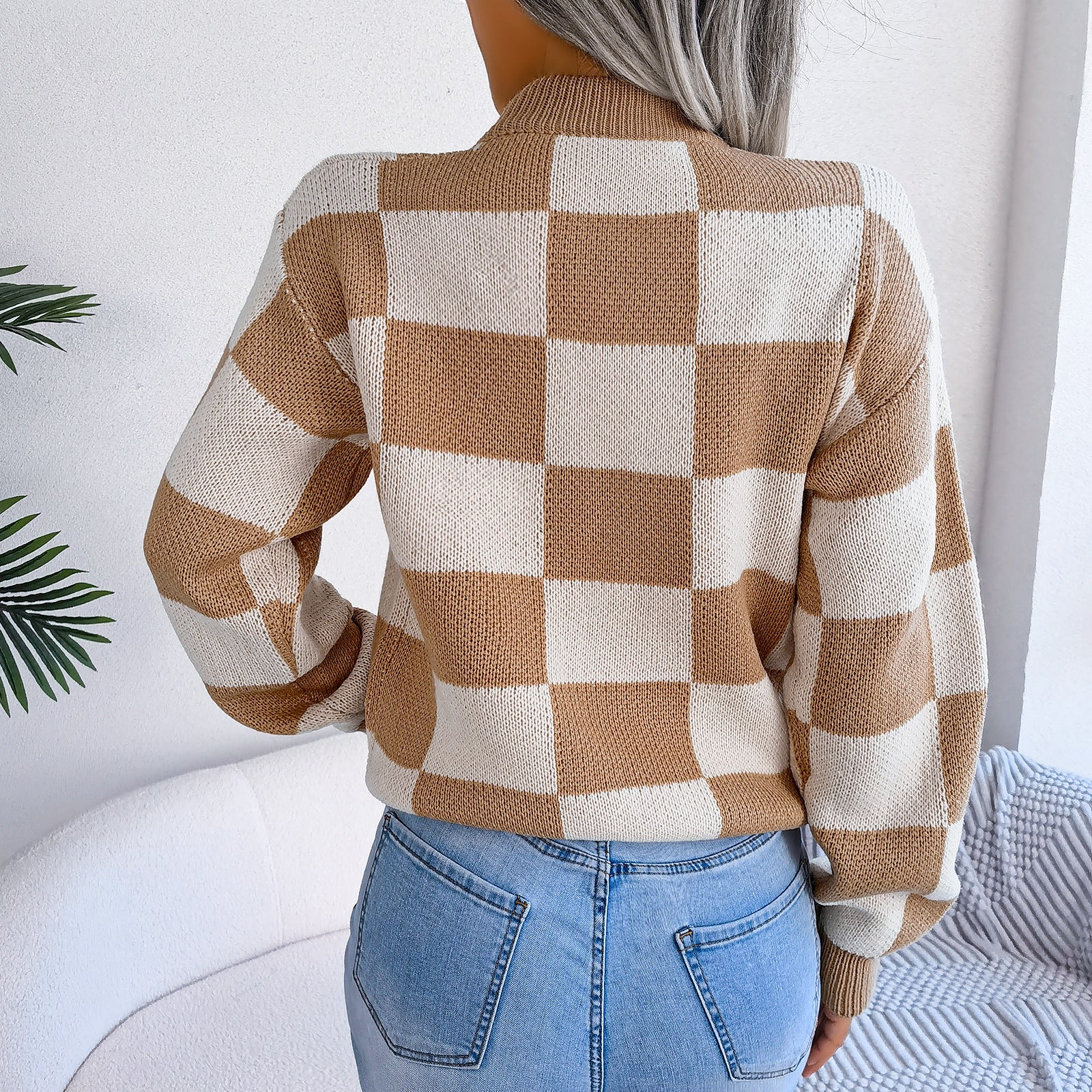 Women's Checkered Crewneck Sweater - 2025 Spring Fall Fashion Loose Pullover Top