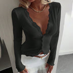 Women's Elegant Lace Trim V-Neck Blouse, Ruffle Detail Long Sleeve Button-Down Shirt For Spring Fall Wear