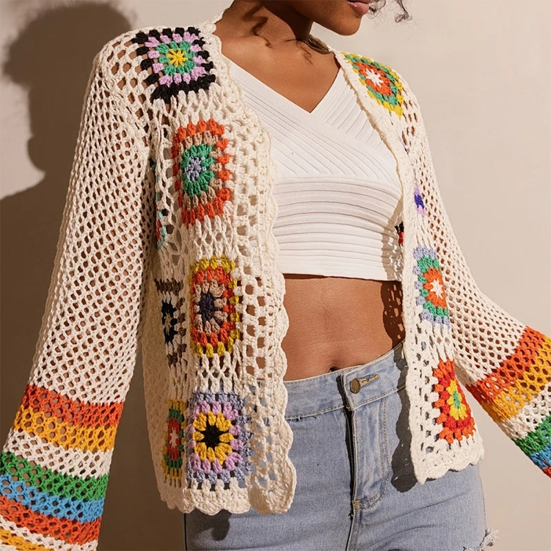 Women's Elegant Crochet Cardigan - Long Sleeve Open Front Vibrant Color Block Coat