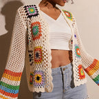 Women's Elegant Crochet Cardigan - Long Sleeve Open Front Vibrant Color Block Coat
