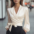 Women's Elegant Solid Color V-Neck Satin Long Sleeve Blouse, Tie Waist Professional Office Shirt For Spring Autumn