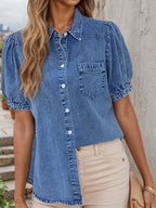 Women's Retro Washed Denim Shirt, Loose Fitting Short Sleeves, Paired With Eye-catching Bubble Sleeves And Sweetheart Collar Retro Button Up Top, Suitable For Brunch Dates And Gallery Opening Ceremoni