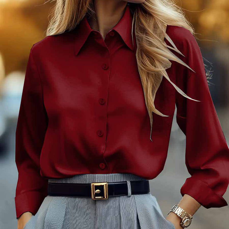 Plus Size Women's Solid Color Lapel Long Sleeve Shirt, Classic Button-Down Blouse For Office And Formal Wear