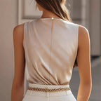 Women's Elegant Sleeveless Mock Neck Top, Ruffle Detail Solid Color Blouse For Office And Casual Wear