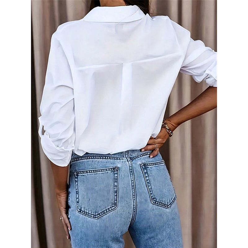 Women's Casual Long Sleeve Button-Down Shirt With Roll-Up Sleeves, Stylish Mid-Length Blouse For Everyday Wear
