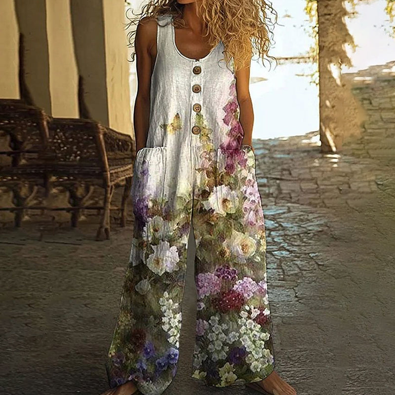 Women's Vintage Floral Jumpsuit - Sleeveless Button Front Romper With Pockets, Casual Loose Fit Long Pants Jumper