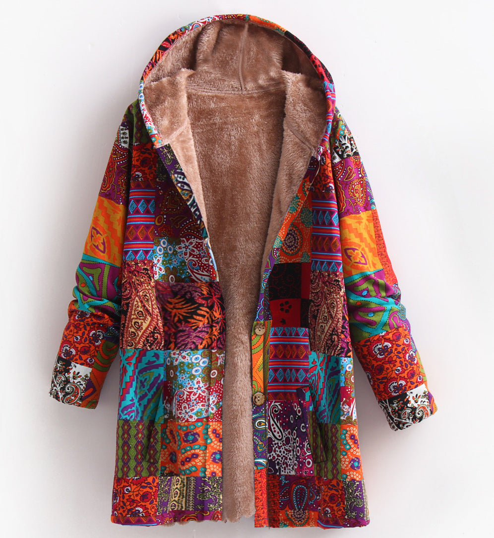 Women's Cotton And Linen Printed Hoodie Warm Plush Coat