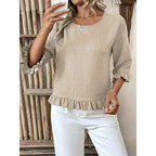 Womens 3 4 Length Sleeve Tops Loose Fit Casual Crew Neck Shirts Ruffle Tunic Blouses