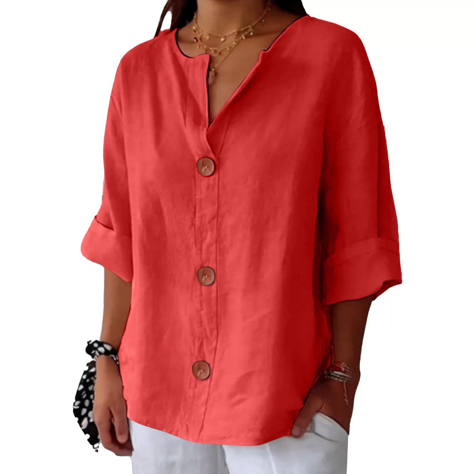 Loose Comfort And Casual V-neck Cotton And Linen Button Top