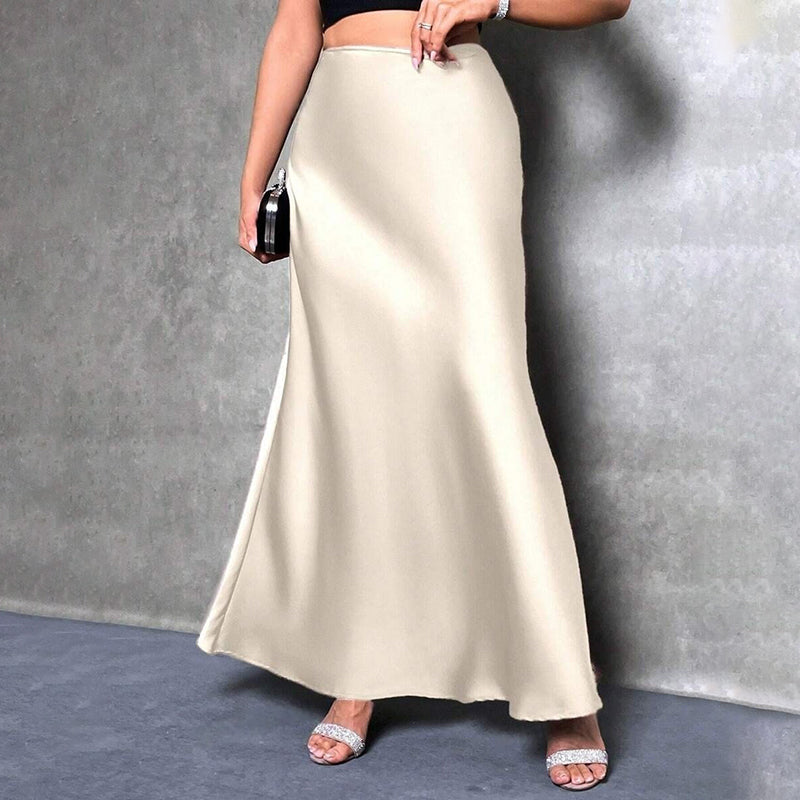 Women's Elegant Satin High Waist Flared Midi Skirt Cocktail Party Wedding Long Skirt