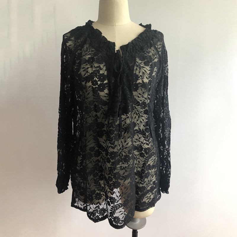 Women's Floral Embroidered Mesh Lace Blouse, Long Sleeve Boho Top, Casual Dressy Shirt
