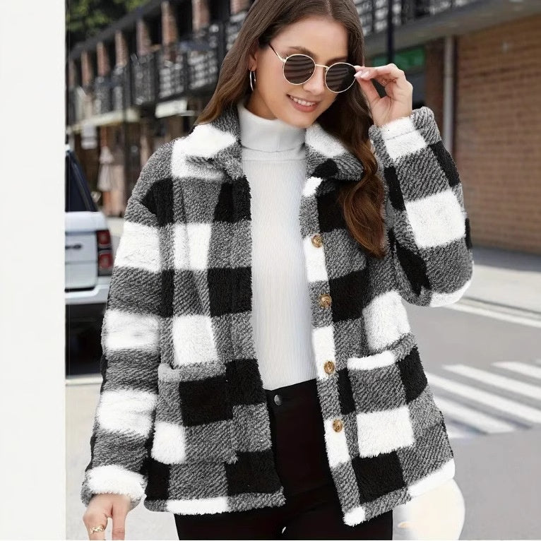 Women's Plaid Plush Long-sleeved Winter Fashion Casual Jacket