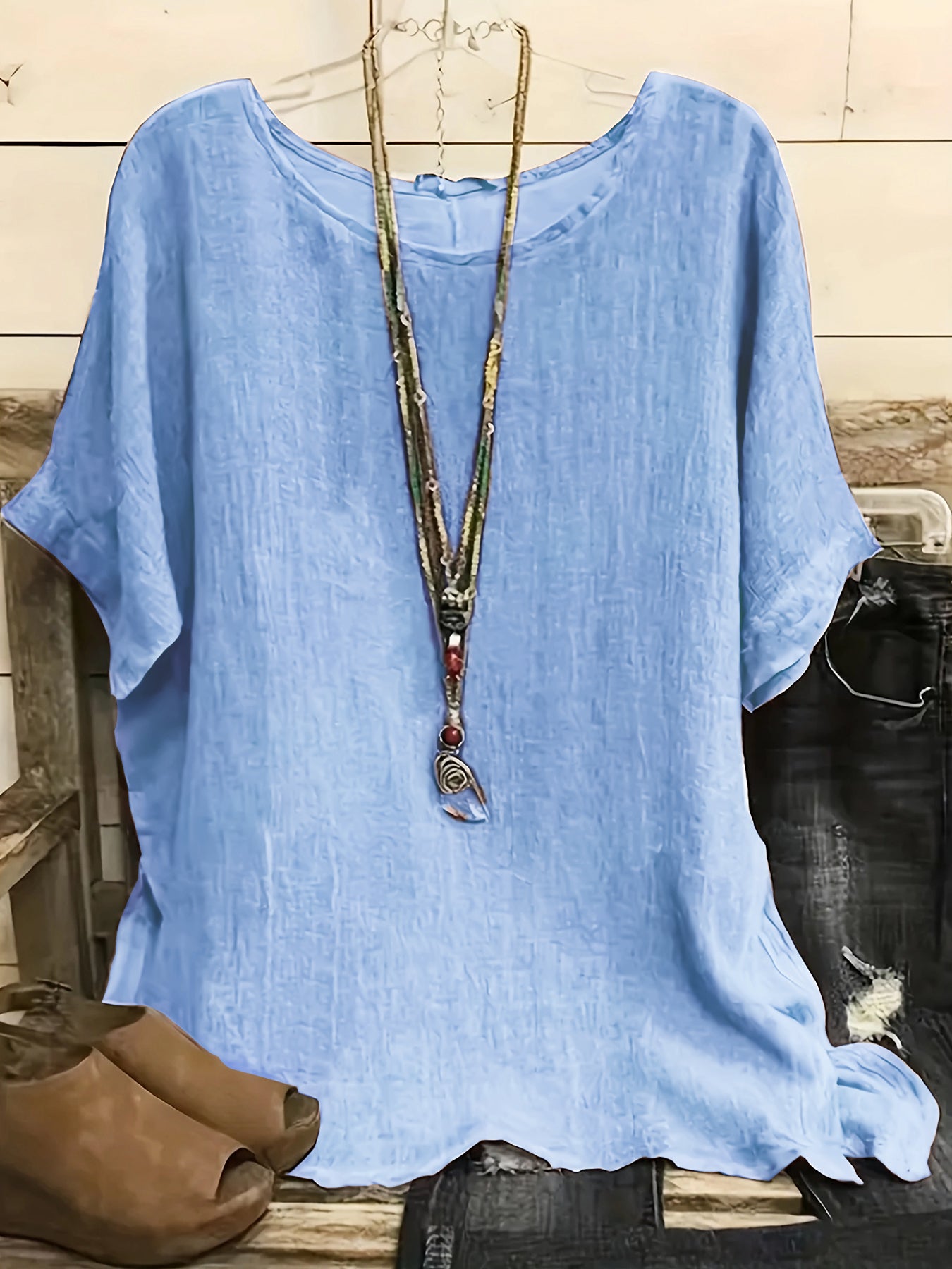 Women Fashion Casual Shirts Solid Color 3 4 Sleeve Round Neck Blouses Summer Loose Tops Streetwear