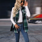 Women's Plaid Print Vest With Lapel Collar Long Sleeveless Button Front Mid-Length Jacket For Spring And Fall Layering