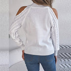 Women's Solid Color Off-Shoulder Cable Knit Sweater, High Neck Long Sleeve Pullover For Spring And Fall