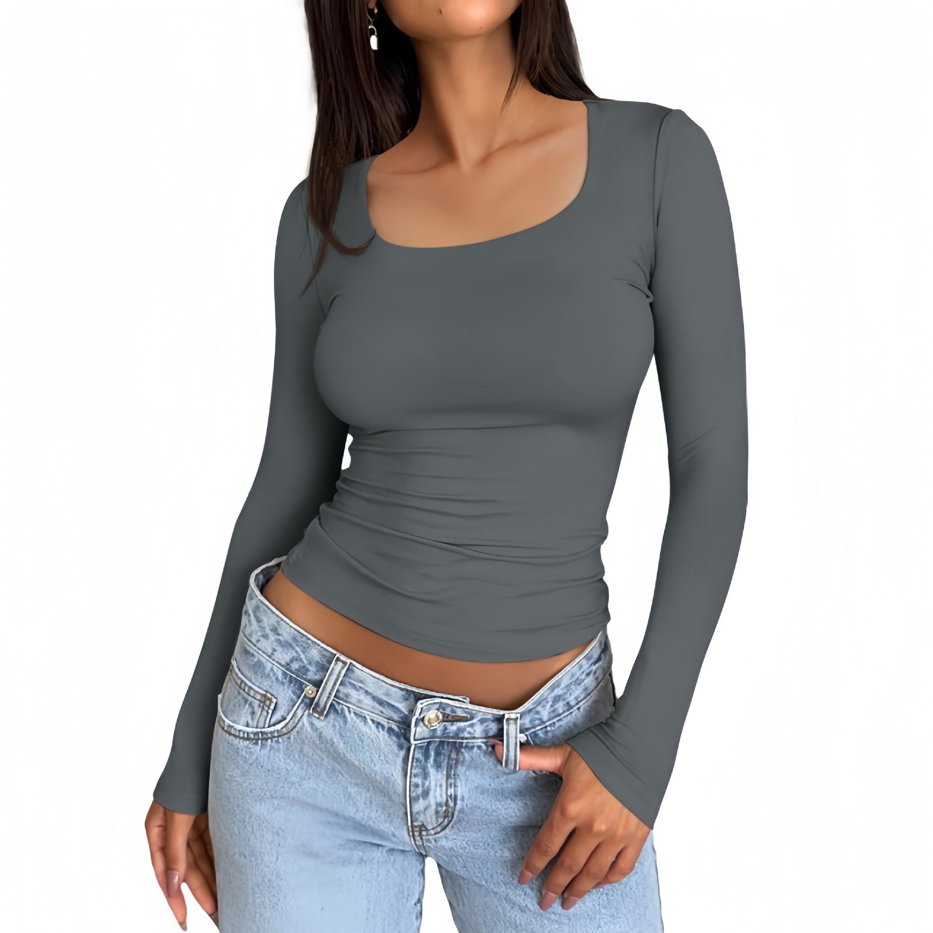 Solid Color Double Layer Square Collar Slimming Sexy Long Sleeve Women's T-shirt